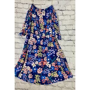 NWOT‎ Emily Wonder Large Blue Floral Multicolor Off The Shoulder Lined Dress